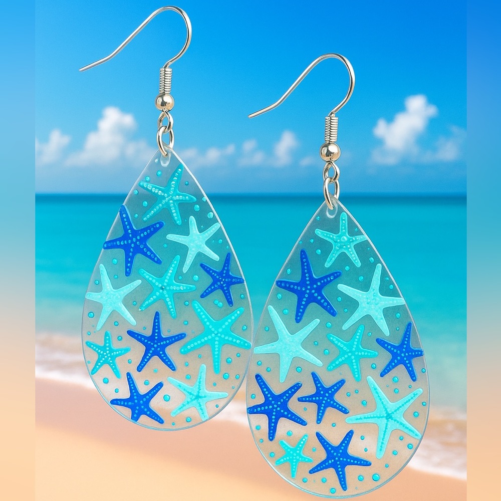 Blue Starfish Drop Ocean Nautical Beach Earrings